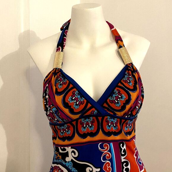 Y2K Cache size 6 Halter Colorful Loud Print with Gold Accents Summer Mini Dress - Picture 5 of 8